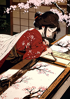 Japanese Woman Painting Cherry Blossoms