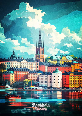 Stockholm Cityscape with Water and Sky Poster