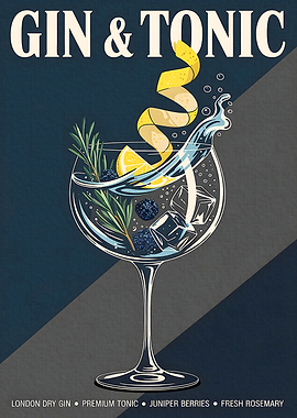 Gin And Tonic Cocktail Vintage Poster