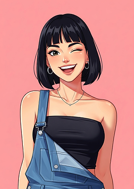 Anime girl in denim overalls