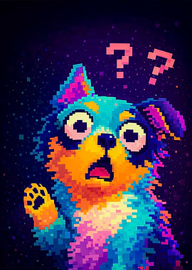 Pixelated Dog with Question Marks