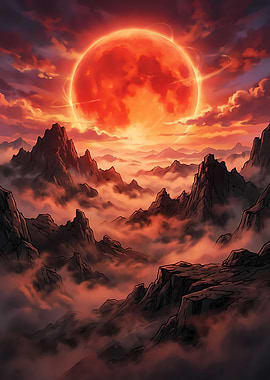 Crimson Moon Over Mountain Peaks