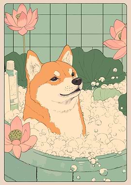 Shiba Inu Dog Bath with Lotus Flowers