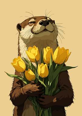 Otter holding yellow tulips