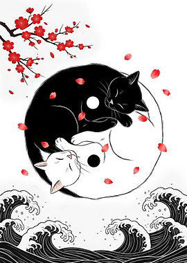 Yin Yang Cats with Cherry Blossoms and Waves