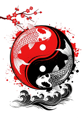 Yin Yang Koi Fish and Cherry Blossoms