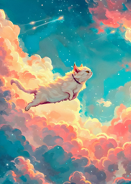 Cat flying through clouds