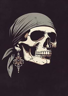 Pirate Skull with Bandana and Earring
