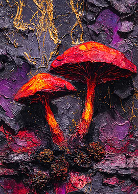 Red Textured Forest Mushroom Painting
