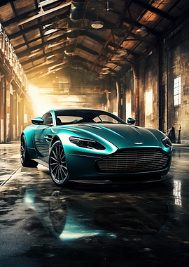 Teal Aston Martin in garage