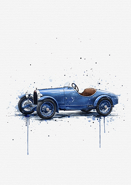 Blue Vintage Race Car Watercolor