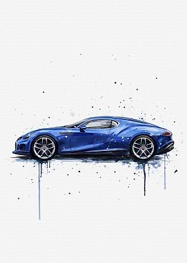 Blue Sports Car Watercolor Splash Art