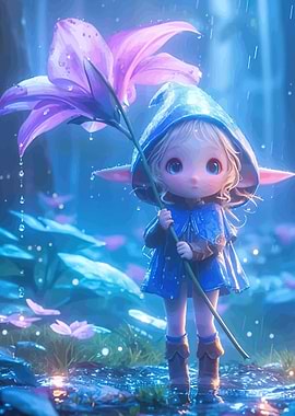 Cute Elf Holding a Flower in the Rain