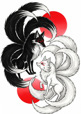 Yin Yang Foxes with Red Sun