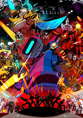 Robots and futuristic warriors in battle