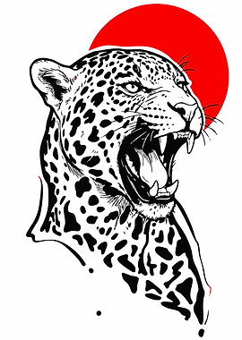Roaring Leopard with Red Sun