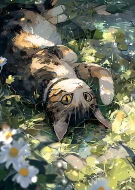 Calico Cat Lounging in Flowers