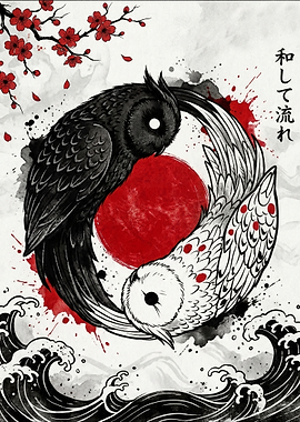 Yin Yang Owls with Cherry Blossoms and Waves