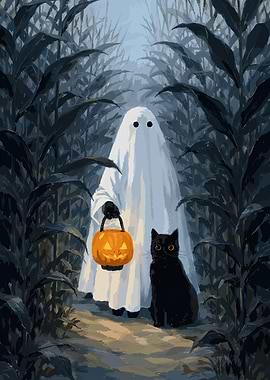 Ghost in a cornfield with a cat