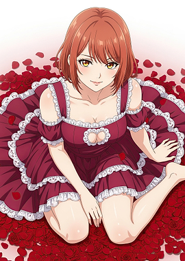 Anime Girl in Red Dress Surrounded by Roses