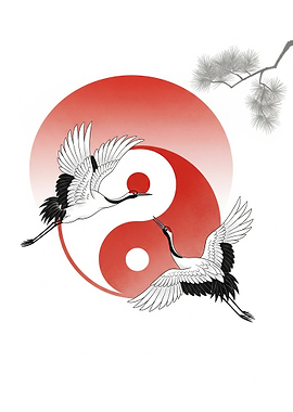 Yin Yang Cranes and Pine Branch