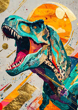 Abstract T-Rex Roaring Collage Art