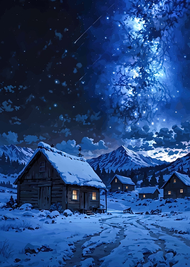 Winter Night Sky Cabin Landscape