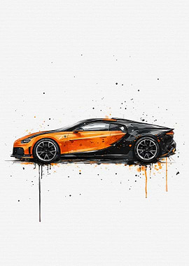 Orange and Black Sports Car Watercolor