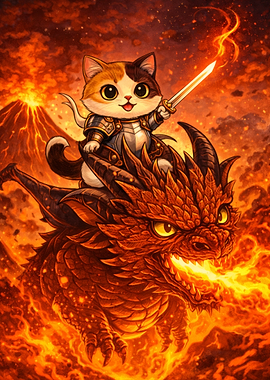 Cat Knight Riding a Fire Dragon