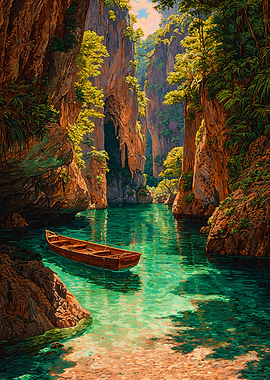 Boat On Tropical River Canyon