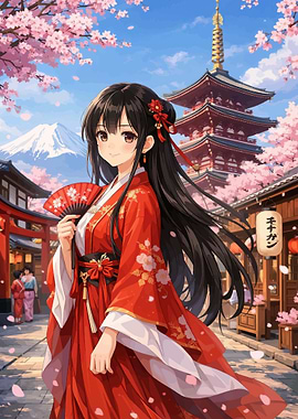 Anime Girl in Kimono with Mount Fuji