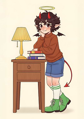 Cute Devil-Angel Hybrid with Books