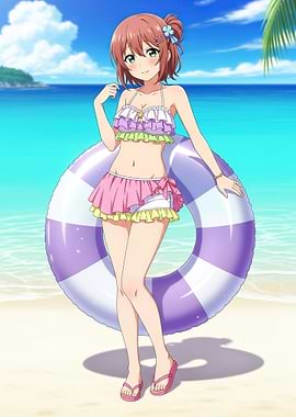 Anime Girl in Swimsuit on Beach