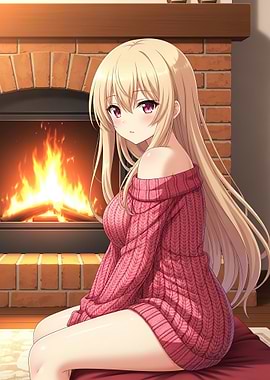 Anime Girl by Fireplace