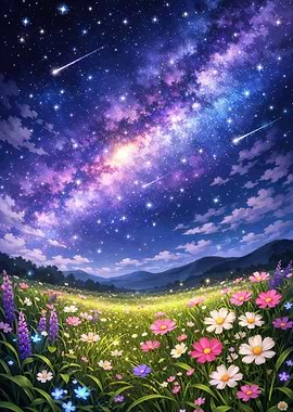 Starry Night Meadow with Shooting Stars