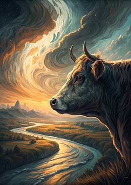 Majestic Cow Overlooking a Winding River
