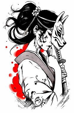Geisha with Kitsune Mask and Katana