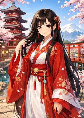 Anime Girl in Red Kimono with Mount Fuji