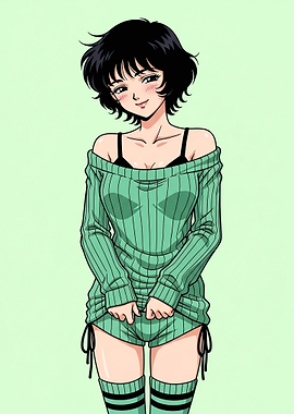 Anime Girl in Off-Shoulder Sweater and Shorts
