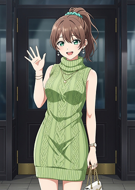 Anime Girl in Green Sweater Dress