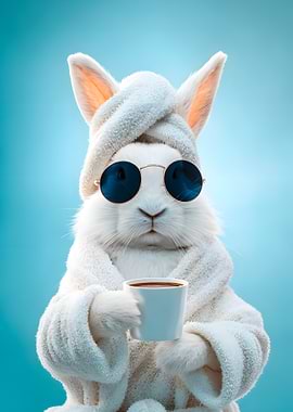 Bunny in a bathrobe with coffee