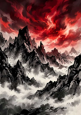 Dramatic Mountain Landscape with Red Sky