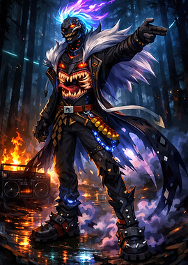 Fiery Skull Character with Boombox