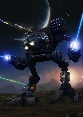 BattleMech firing lasers and missiles