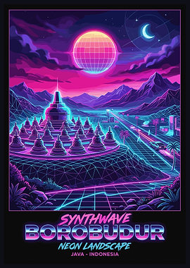 Synthwave Borobudur Neon Landscape