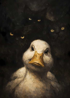Duck surrounded by black cats