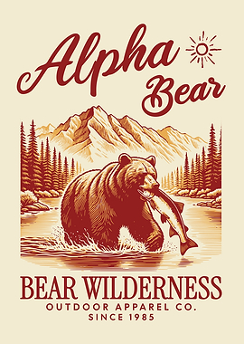 Alpha Bear Poster, Bear Wilderness Wall Art, Fishing Bear Illustration, Vintage Nature Decor