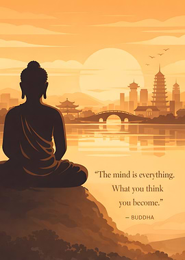 Buddha meditating at sunset overlooking a city