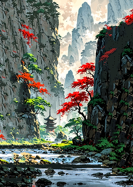 Serene Japanese Mountain Landscape with Pagoda