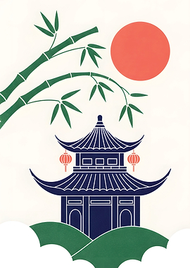 Traditional Asian Pagoda with Bamboo and Sun